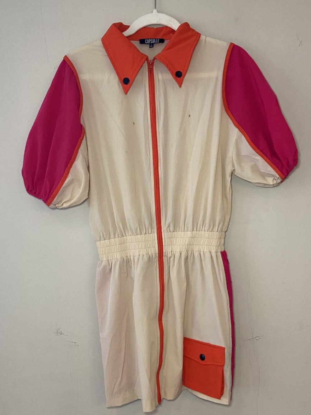 Capsulle Colorblock Romper‎ Cream Pink Orange Snap Collar Size S